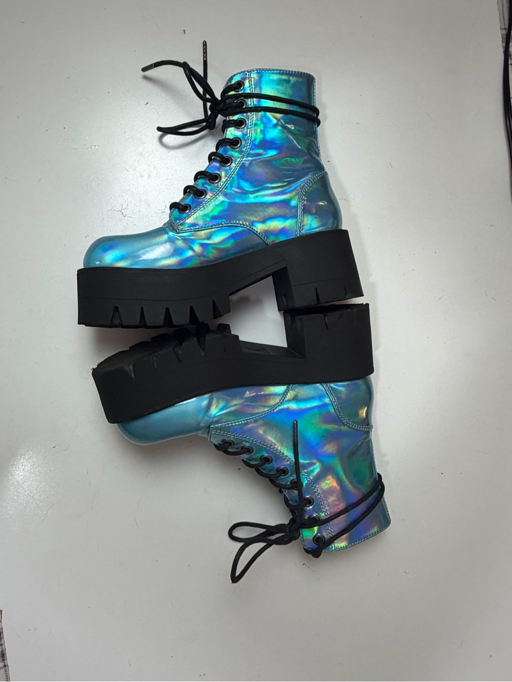 Current Mood Blue Metallic Holographic Walking On Water Platform Combat Boots 7 - Picture 9 of 16
